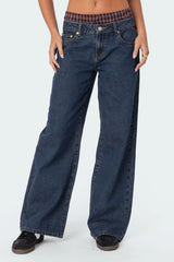 Plaid Boxer Detail Low Rise Baggy Jeans