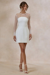 Unveila | White Crew-Neck Mini Dress With Mesh-Detailing