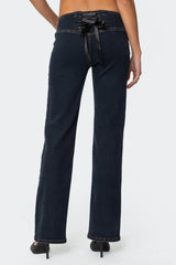 Ribbon Lace Up Low Rise Straight Leg Jeans