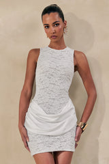 Setiana | White Lace Round-Neck Mini Dress With Draped-Detailing