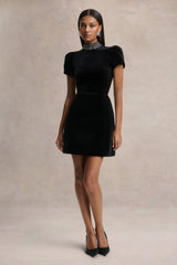 Margot | Black High-Neck Velvet Mini Dress With Embellished Detail