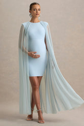 Charlene | Powder Blue High-Neck Maternity Mini Dress With Mesh Cape