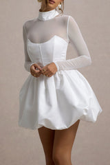 Tinkerbell | White Satin Long-Sleeve Puffball Mini Dress