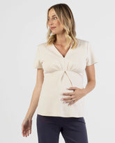 Sabine Soft Ponte Maternity V-Neck Work Top in Beige