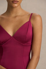 Elara | Burgundy Satin Plunge-Neck Mini Dress
