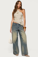 Beaded Sequin Asymmetric Halter Top