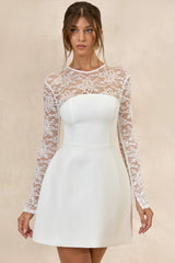 Aerin | White High-Neck Mini Dress With Long-Lace Sleeves