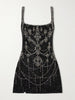 Crystal-embellished beaded mesh mini dress