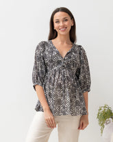 Black Daisy Print Cotton Tunic Top