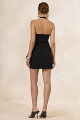 Carlin | Black Plunge-Neck Tailored Mini Dress With Button Detailing