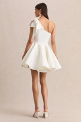 Prosperity | White Asymmetric-Neck Mini Dress With Bow Detail