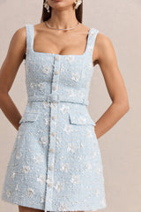 Riya | Light Blue Boucle Square-Neck Mini Dress