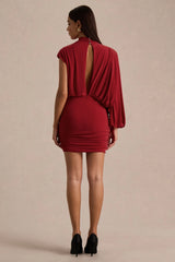Zelda | Red High-Neck Mini Dress With One-Long Sleeve And Twisted Detail