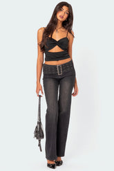 Buckle Belt Washed Low Rise Flared Jeans