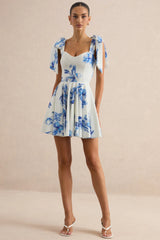 Ismeray | Blue Floral Print Sweetheart-Neck Skater Mini Dress