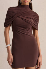 Perdi | Brown Bodycon Mini Dress With Twisted Cape