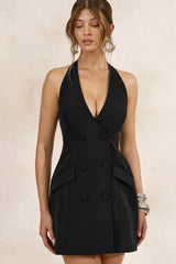 Carlin | Black Plunge-Neck Tailored Mini Dress With Button Detailing
