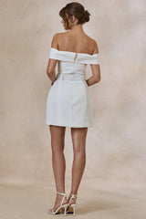 Cilly | White Bardot-Neck Mini-Dress With Belt-Detail