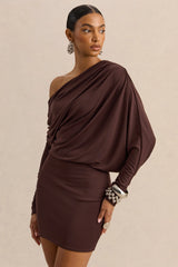 Inoria | Brown Asymmetric-Neck Mini Dress