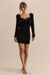 Kiss Of Midnight | Black Velvet Puff-Sleeve Mini Dress With Bow