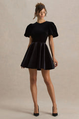 Priya | Black Velvet Mini Dress With Puff Sleeves
