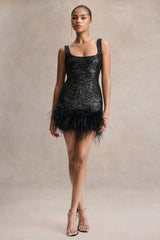 Rosalinda | Black Sequin Square-Neck Mini Dress With Feather Trim