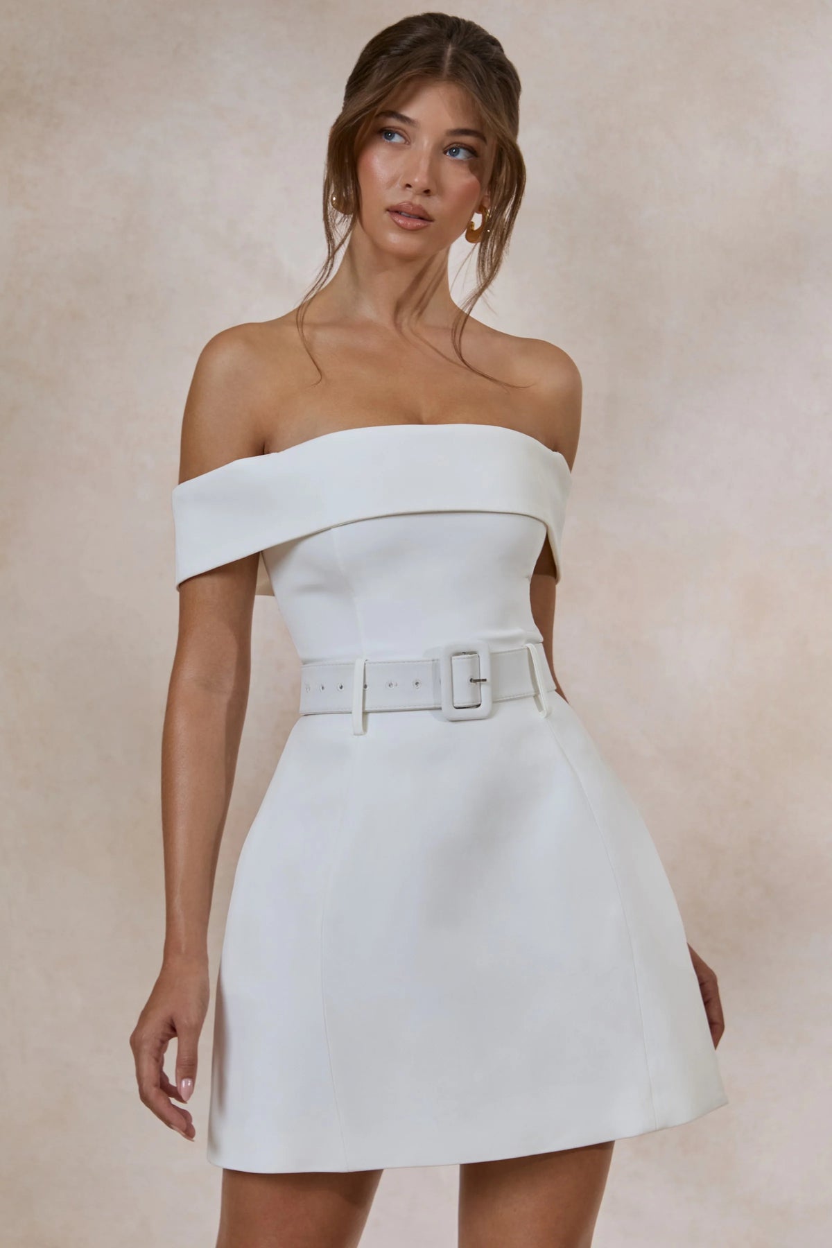 Cilly | White Bardot-Neck Mini-Dress With Belt-Detail