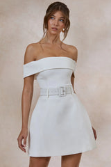 Cilly | White Bardot-Neck Mini-Dress With Belt-Detail