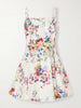 Paneled embellished floral-print silk and linen-blend mini dress