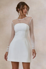 Unveila | White Crew-Neck Mini Dress With Mesh-Detailing