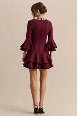 Mirna | Burgundy Crew-Neck Mini Dress With Bell Sleeves And Ruffled Detailing