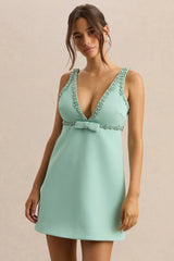Amely | Green Plunge-Neck Mini Dress With Bow-Detail