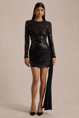 Florecita | Black Embellished Lace Crew-Neck Mini Dress With Sash Detail