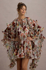 Abelia | Cream Floral Print High-Neck Cape-Sleeve Chiffon Mini Dress
