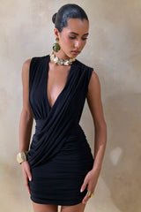 Amy | Black Plunge-Neck Mini Dress With Draped-Detailing