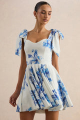 Ismeray | Blue Floral Print Sweetheart-Neck Skater Mini Dress