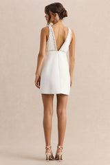 Amely | White Embellished Plunge-Neck Mini Dress With Bow-Detail
