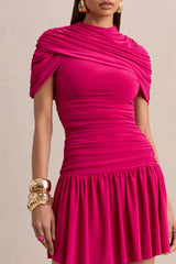 Fenella | Hot Pink High-Neck Mini Dress With Cape-Sleeves And Ruched Detailing