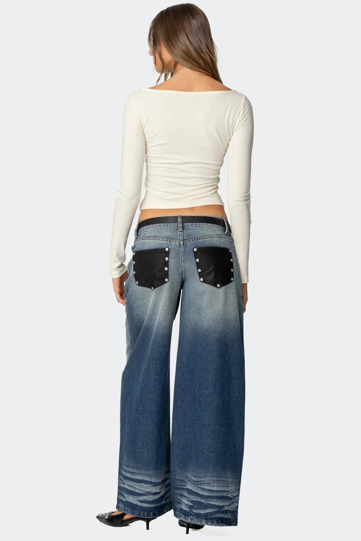 Faux Leather Pocket Low Rise Baggy Jeans