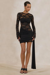 Milavia | Black Lace Crew-Neck Mini Dress With Wrap & Sash Detail
