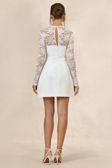 Aerin | White High-Neck Mini Dress With Long-Lace Sleeves