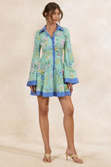 Ionee | Mint Floral Border Print Mini Shirt Dress