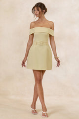Cilly | Lemon Bardot-Neck Mini-Dress With Belt-Detail