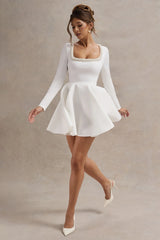 Wilder | White Embellished Square-Neck Long-Sleeve Skater Mini Dress
