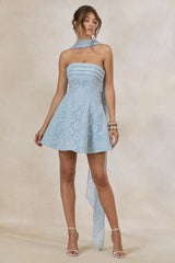 Elvara | Light Blue Lace Bandeau-Neck Mini Dress With Scarf Detail