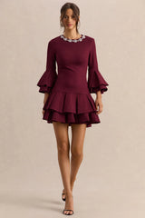 Mirna | Burgundy Crew-Neck Mini Dress With Bell Sleeves And Ruffled Detailing