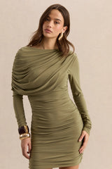 Anavine | Olive Round-Neck Mini Dress With Long-Sleeves And Draped-Detailing