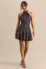 Florence | Brown and White Satin Halter-Neck Mini Dress