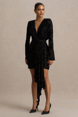 Vicenta | Black Velvet Devore Plunge-Neck Wrap Mini Dress