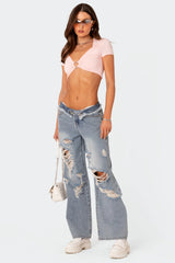 Distressed Fold Over Low Rise Wide Leg Jeans